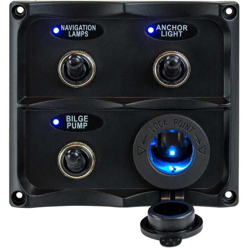 Sea-Dog Water Resistant Toggle Switch Panel w/ LED Power Socket - 3 Toggle [424623-1]