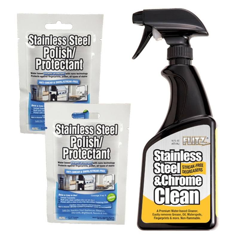Flitz Stainless Steel & Chrome Cleaner w/ Degreaser 16oz Spray Bottle w/ 2 Stainless Steel Polish/Protectant Towelette Packets [SPO1506SS01301]
